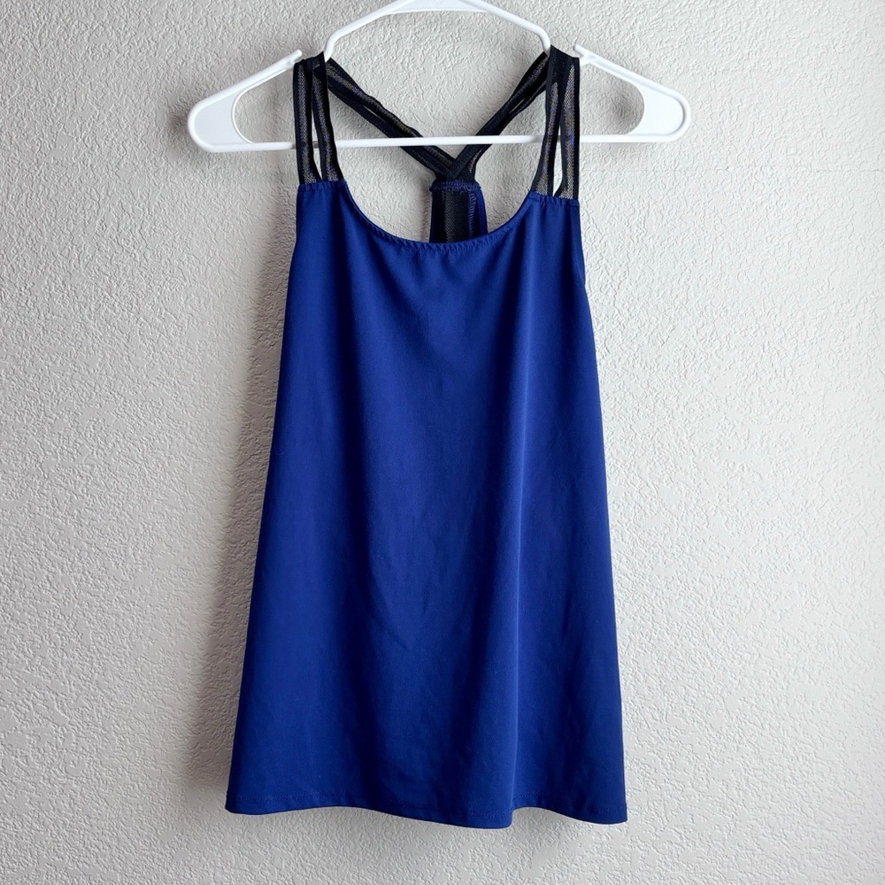 Fabletics Blue Athletic Active Tank Top w/ Black Mesh Straps Small